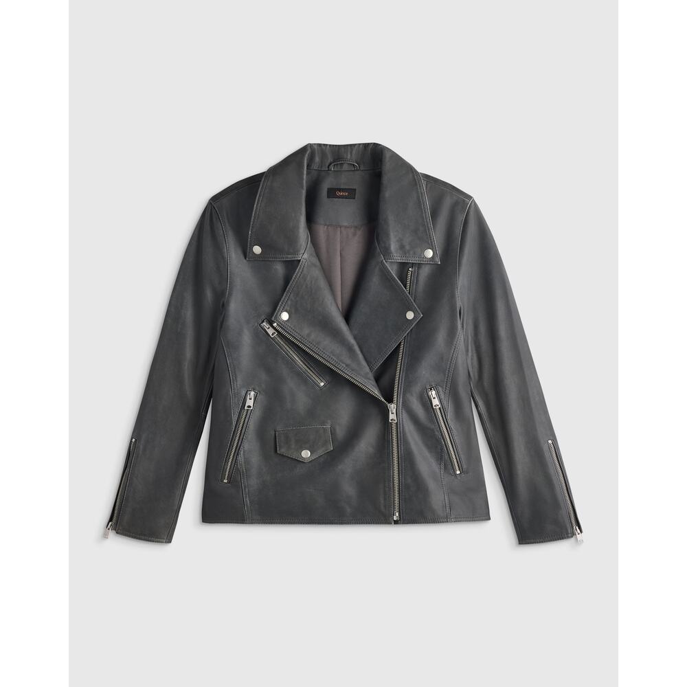 NWT Quince 100% Leather Oversized Biker Jacket Distressed Black XS Grunge $250